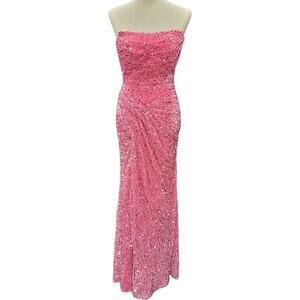 NWT Bright Pink Strapless Sequin Evening Gown with Corset Back on Velvet Fabric